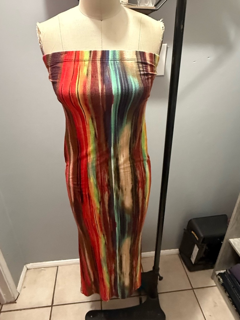 Fashion Nova Strapless Multicolor Vertical Stripe Midi Dress